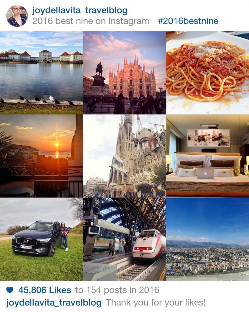 My <strong>#2016BestNine</strong> Instagram Photos: Nymphenburg Castle in Munich, Duomo di Milano, Spaghetti Napoli in Bergamo, Sunrise in Altea (Spain), Sagrada Familia in Barcelona, Mandarin Oriental Geneva Hotel Bed, test-driving the Volvo XC90, taking the Train from Milan to Venice, view from the ferris wheel in Malaga.<br /> (from the top, left to right)
