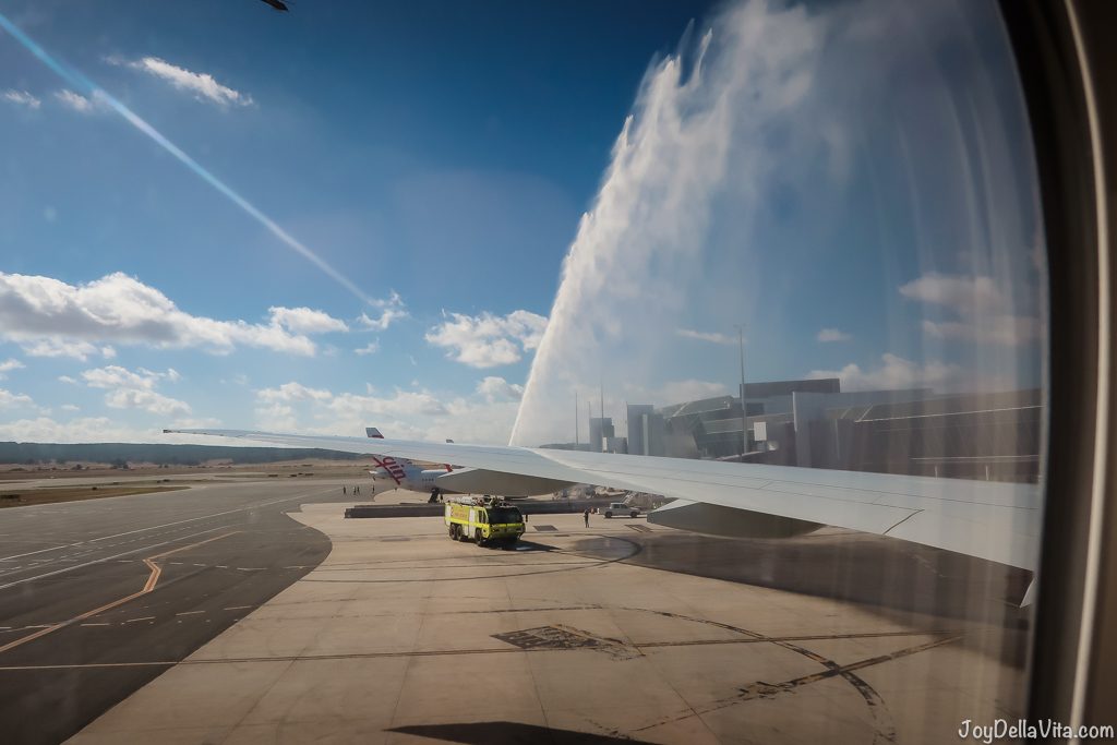 water cannon salute at Canberra Airport for Qatar Airways Flight QR906 after landing from Doha, Qatar