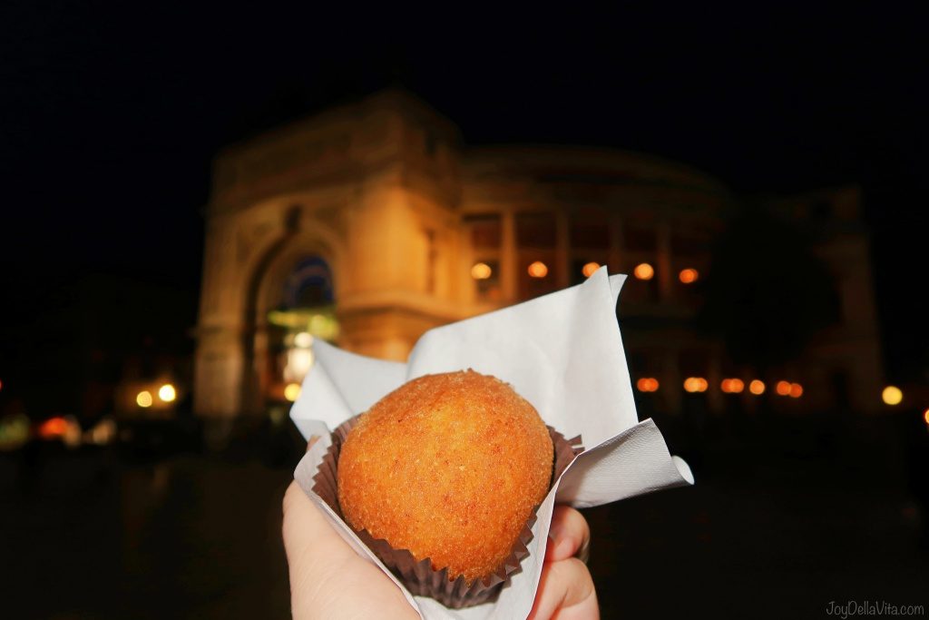 Arancini in Palermo - fried Rice Ball in front of Politeama Palermo