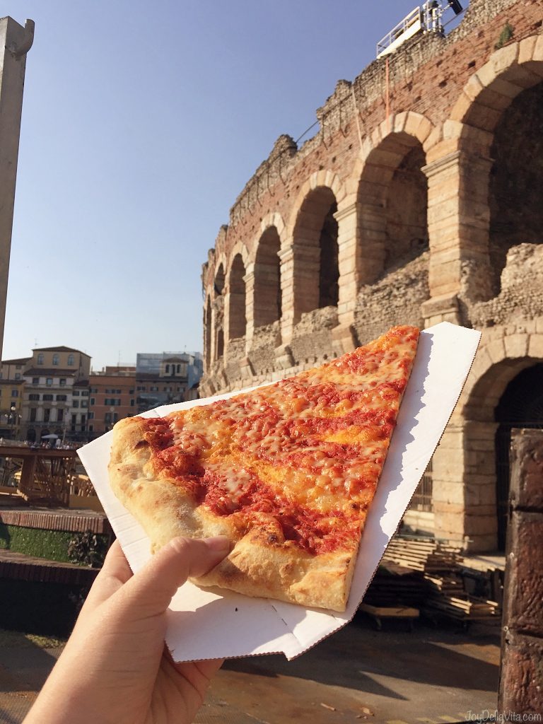 Pizza Margherita in front of Arena di Verona