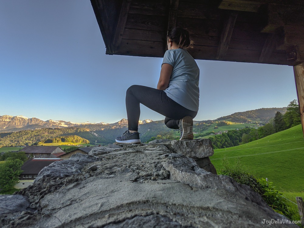 female blogger after sunset hike in vorarlberg Austria