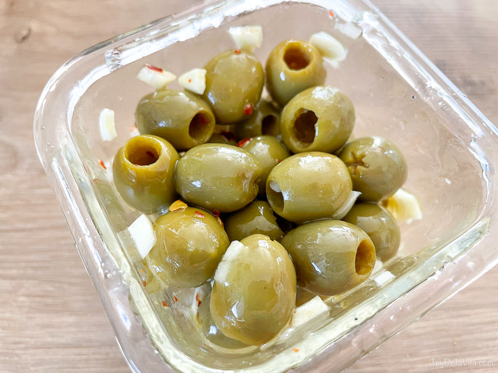 marinated garlic olives in an ikea glass container