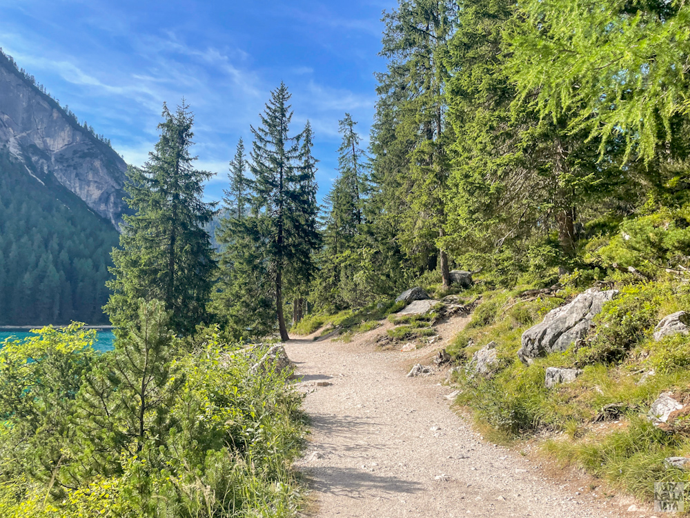 hiking once around Pragser Wildsee Dolomites