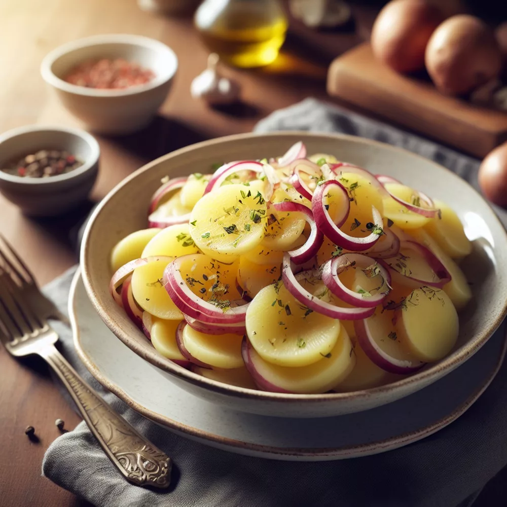 german potato salad (sliced cooked potatoes in a vinegar oil vinaigrette) in a porcelain bowl on a table
