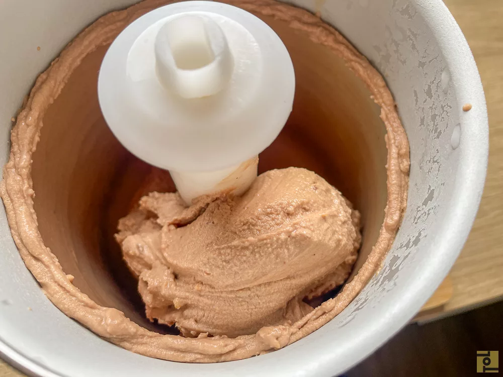 homemade chocolate ice cream with peanut butter, made in an ice cream maker machine